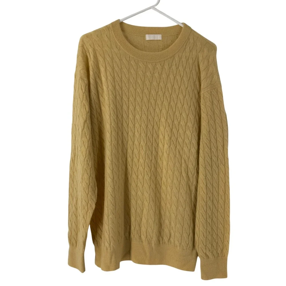 Cashmere Silk Cable Knit Sweater Mens Small pale Yellow  Crew Neck Pullover